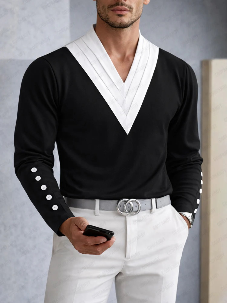 Fashion Designer Two-Tone V-Neck Top - Image 2