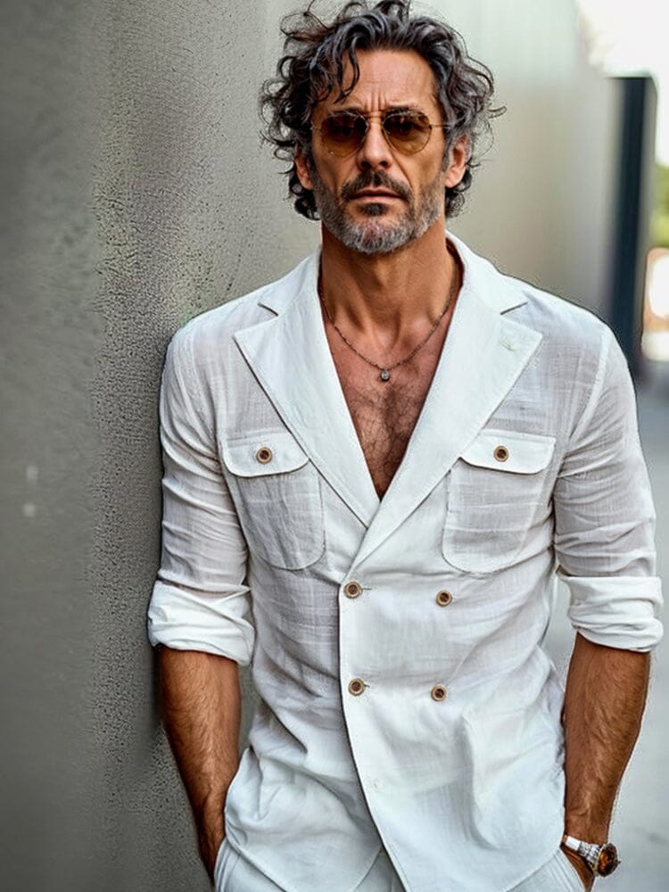 Lightweight Linen Blend Suit Jacket Shorts Set - Image 3