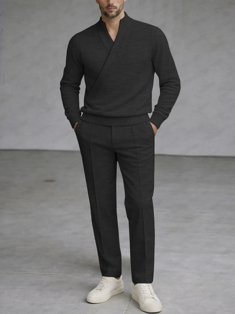 Minimalism Cross Placket Top and Pants Set - Image 2