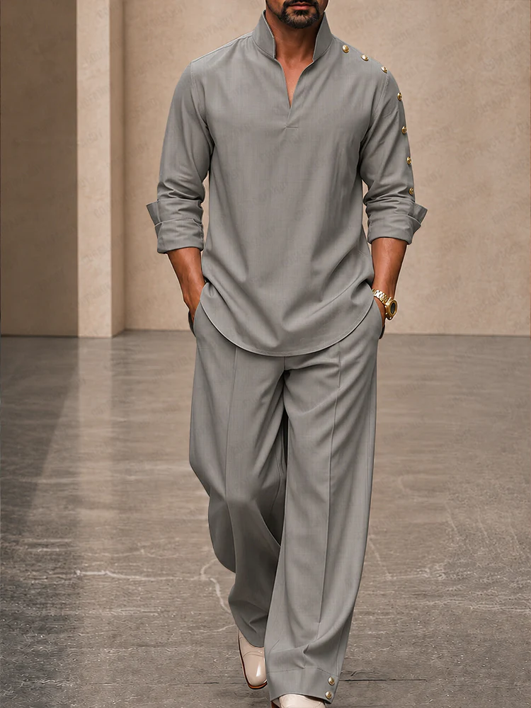 Modern Button Detail Stand Collar Shirt Pants Set