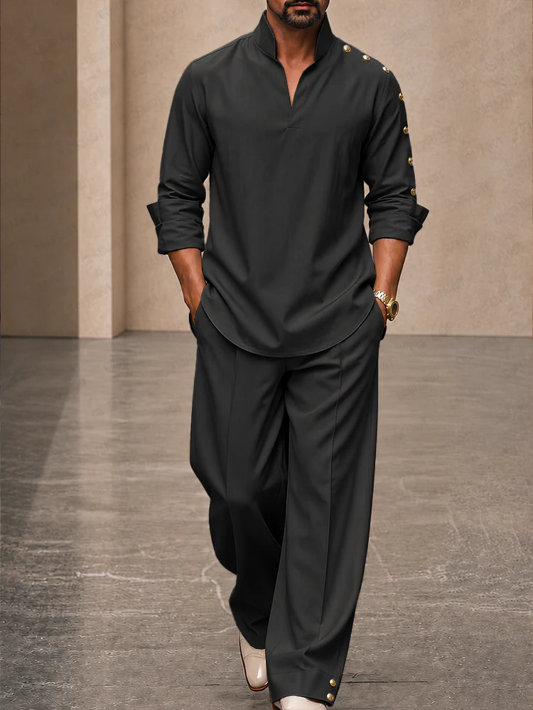Modern Button Detail Stand Collar Shirt Pants Set - Image 2