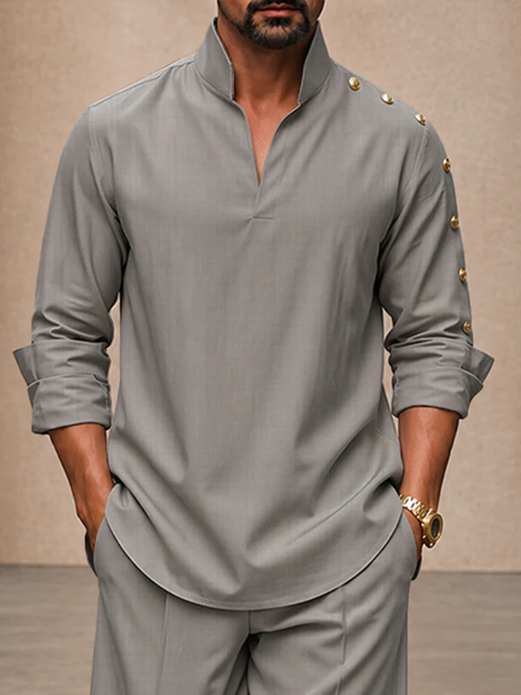 Modern Button Detail Stand Collar Shirt Pants Set - Image 3