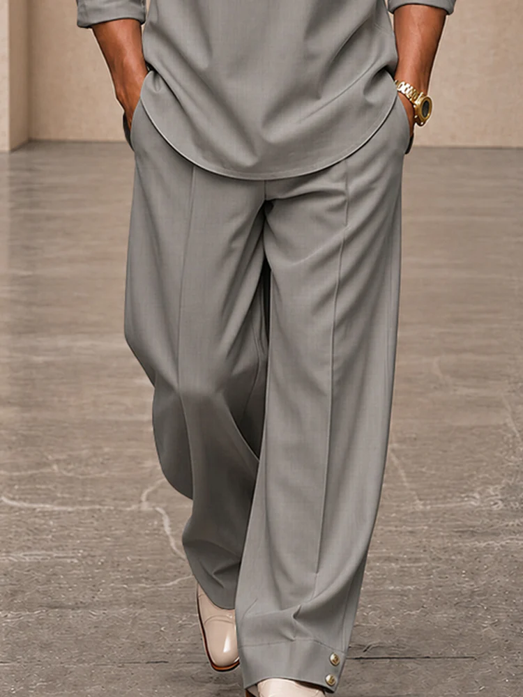 Modern Button Detail Stand Collar Shirt Pants Set - Image 4
