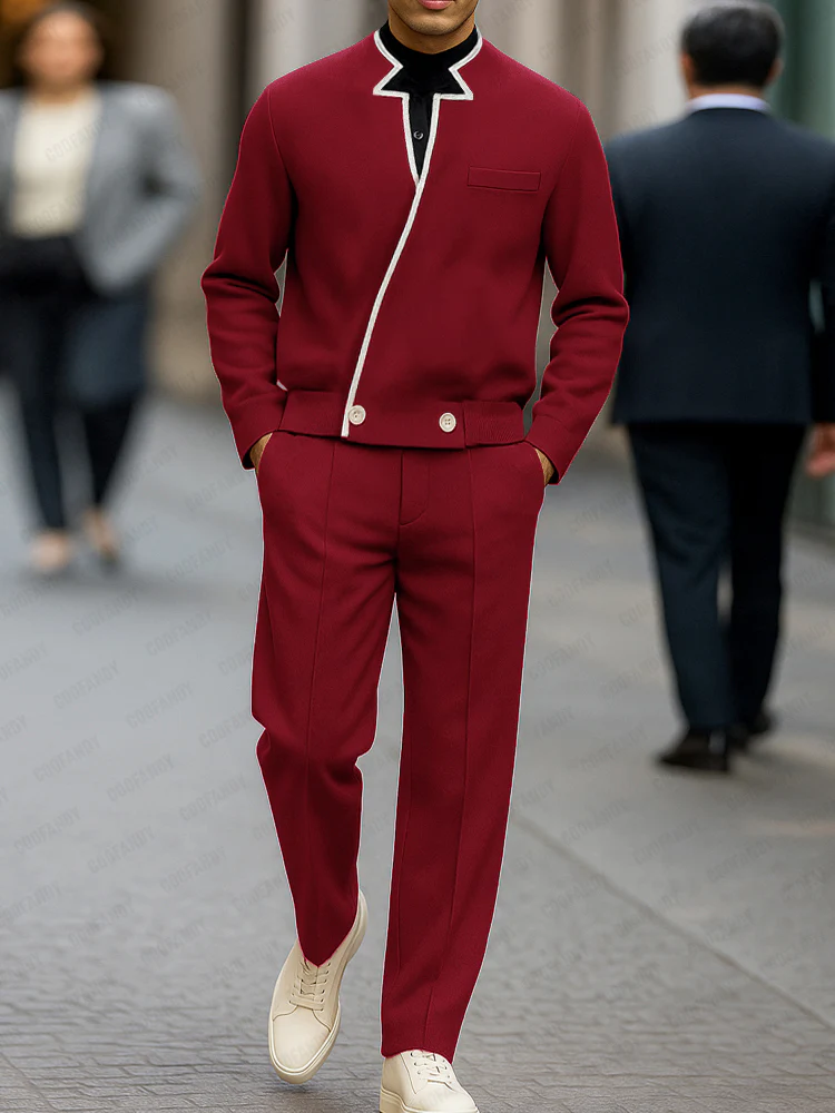 Modern Contrast Asymmetric Placket Jacket Set