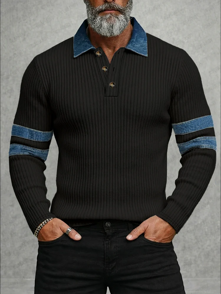 Modern Denim Patchwork Knit Polo Shirt - Image 2