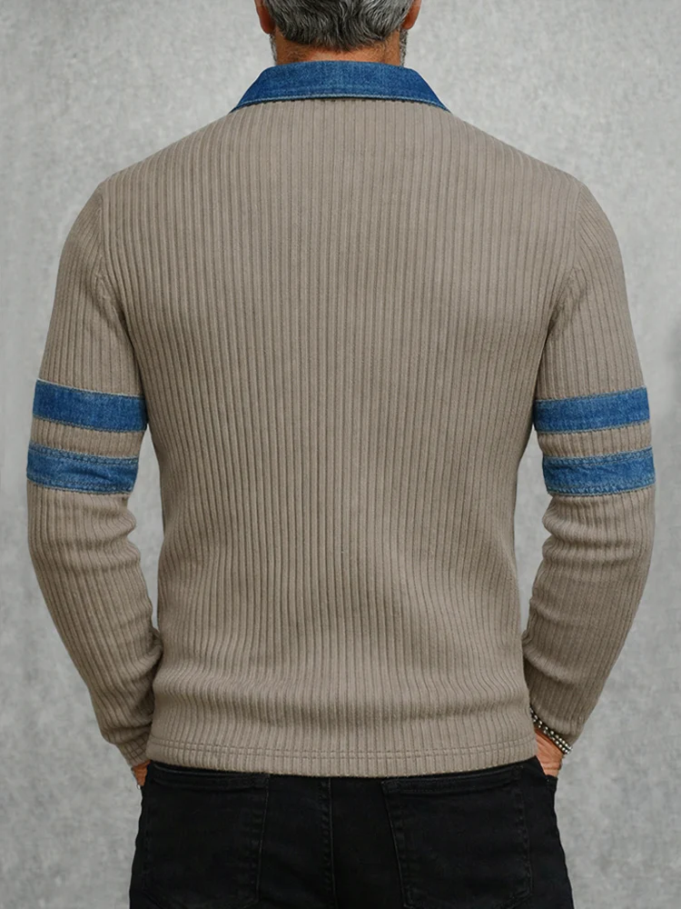 Modern Denim Patchwork Knit Polo Shirt - Image 3