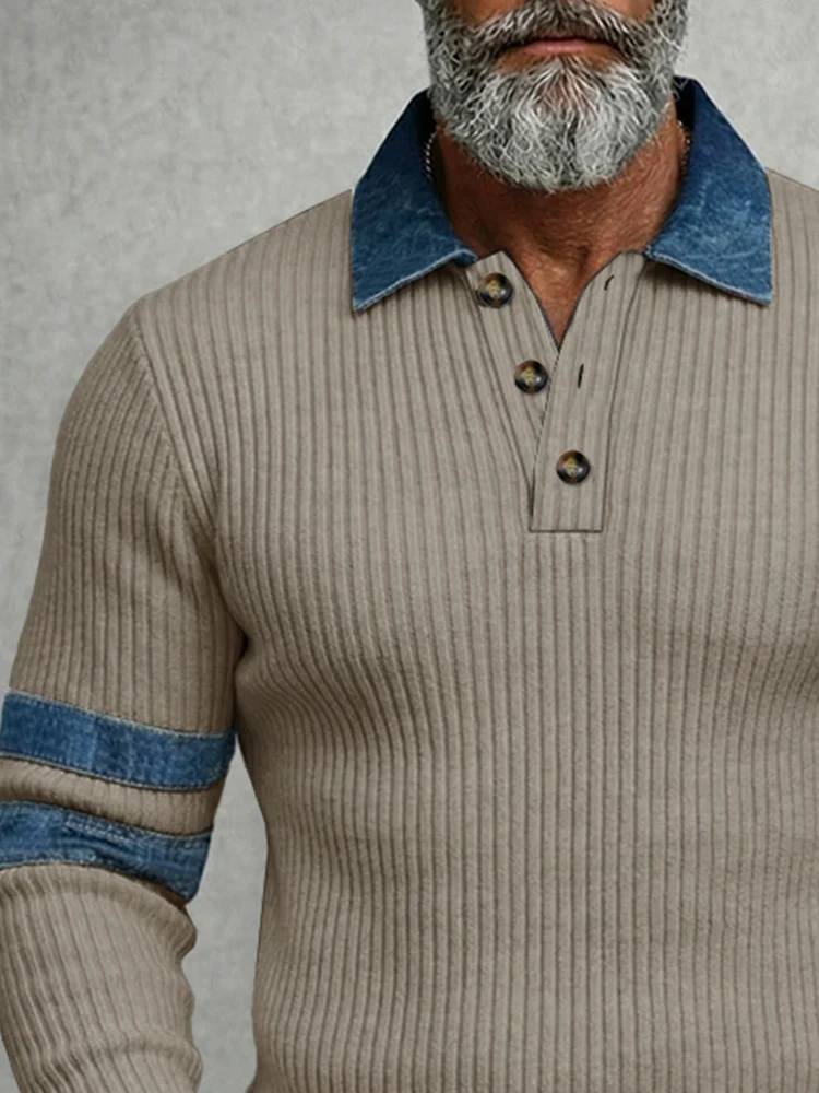 Modern Denim Patchwork Knit Polo Shirt - Image 4