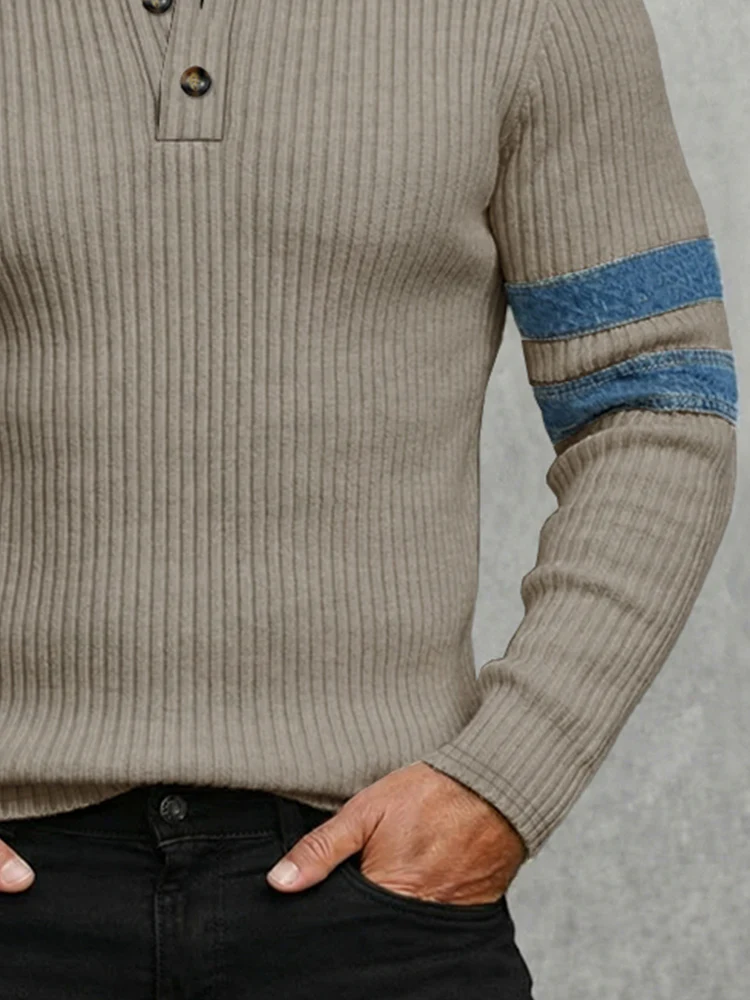 Modern Denim Patchwork Knit Polo Shirt - Image 5