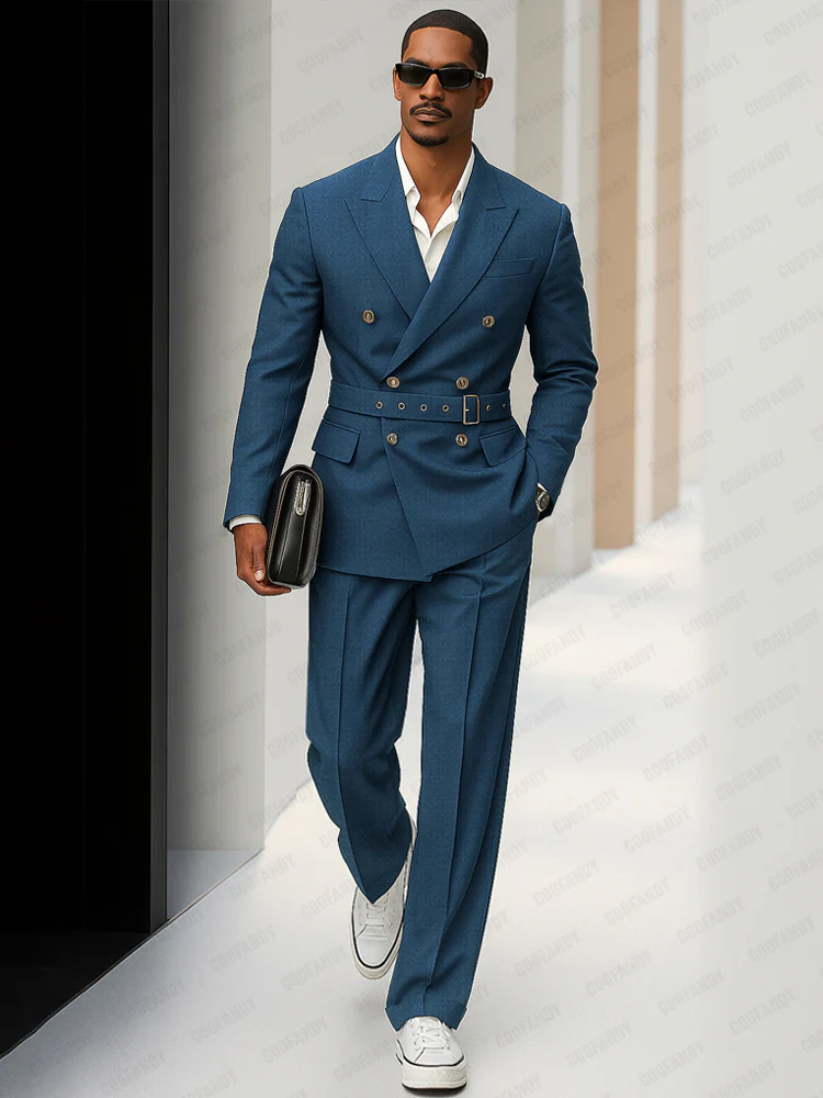 Modern Double Breasted Belted Suit Set