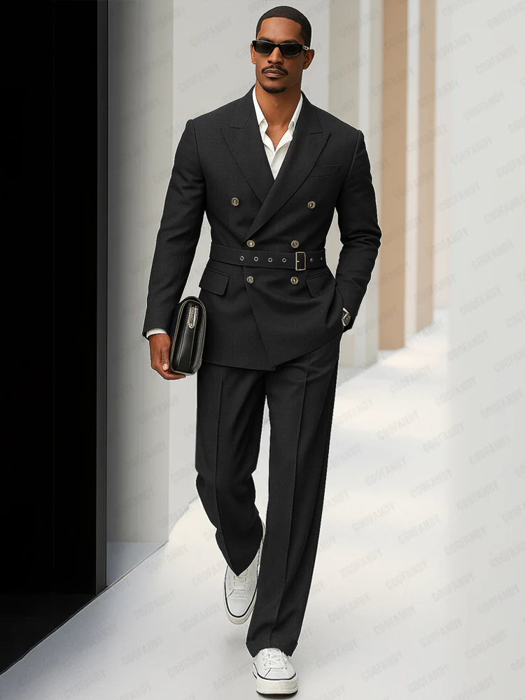 Modern Double Breasted Belted Suit Set - Image 2