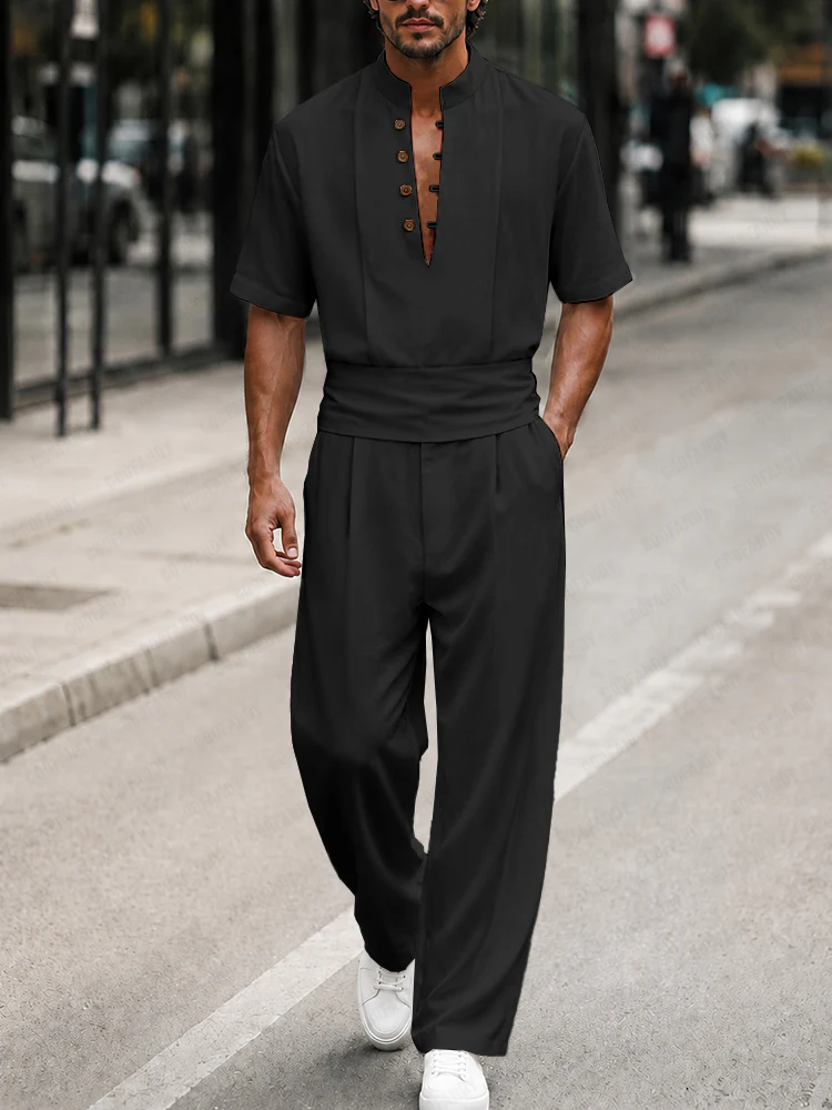 Modern Minimalist Half Placket Shirt Pants Set - Image 2