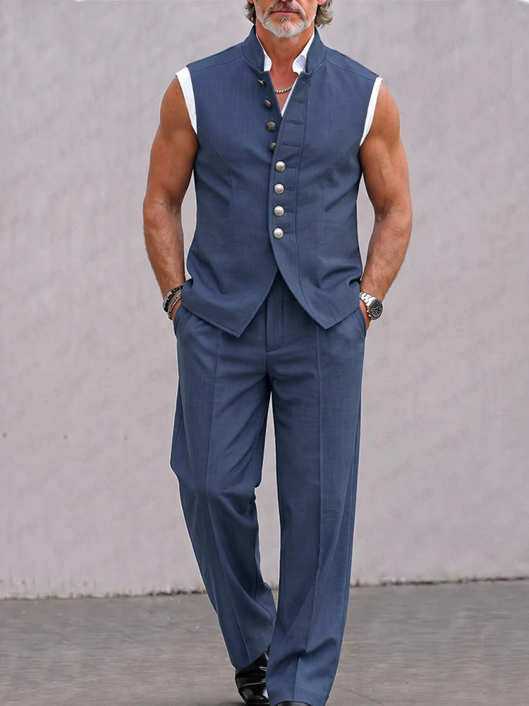 Modern Solid Color Suit Vest and Pants Set - Image 2