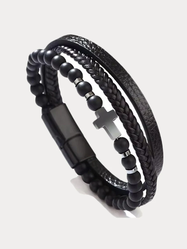 Multi-Layer Design Leather Cross Bracelet