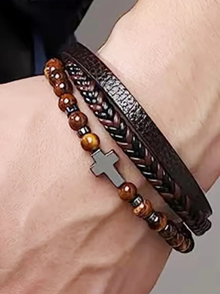 Multi-Layer Design Leather Cross Bracelet - Image 4