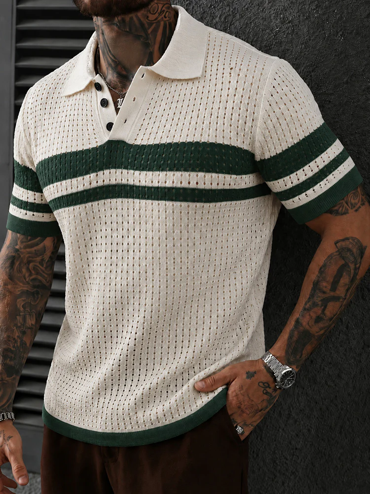 Openwork Mesh Button Collared Casual Polo Shirt - Image 2