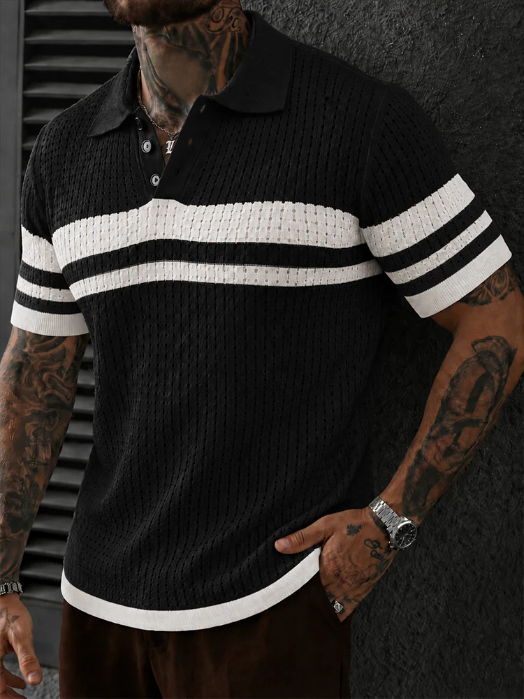 Openwork Mesh Button Collared Casual Polo Shirt - Image 3