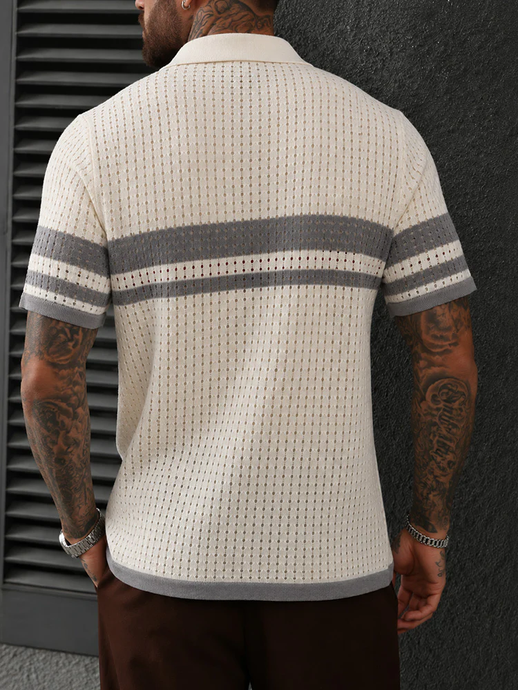 Openwork Mesh Button Collared Casual Polo Shirt - Image 4