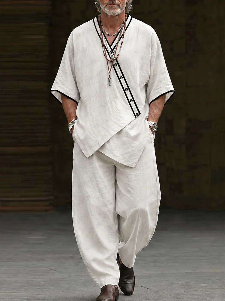 Premium Cotton Contrast Trim Pullover Top and Barrel Pants Set