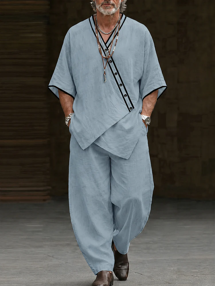 Premium Cotton Contrast Trim Pullover Top and Barrel Pants Set - Image 2