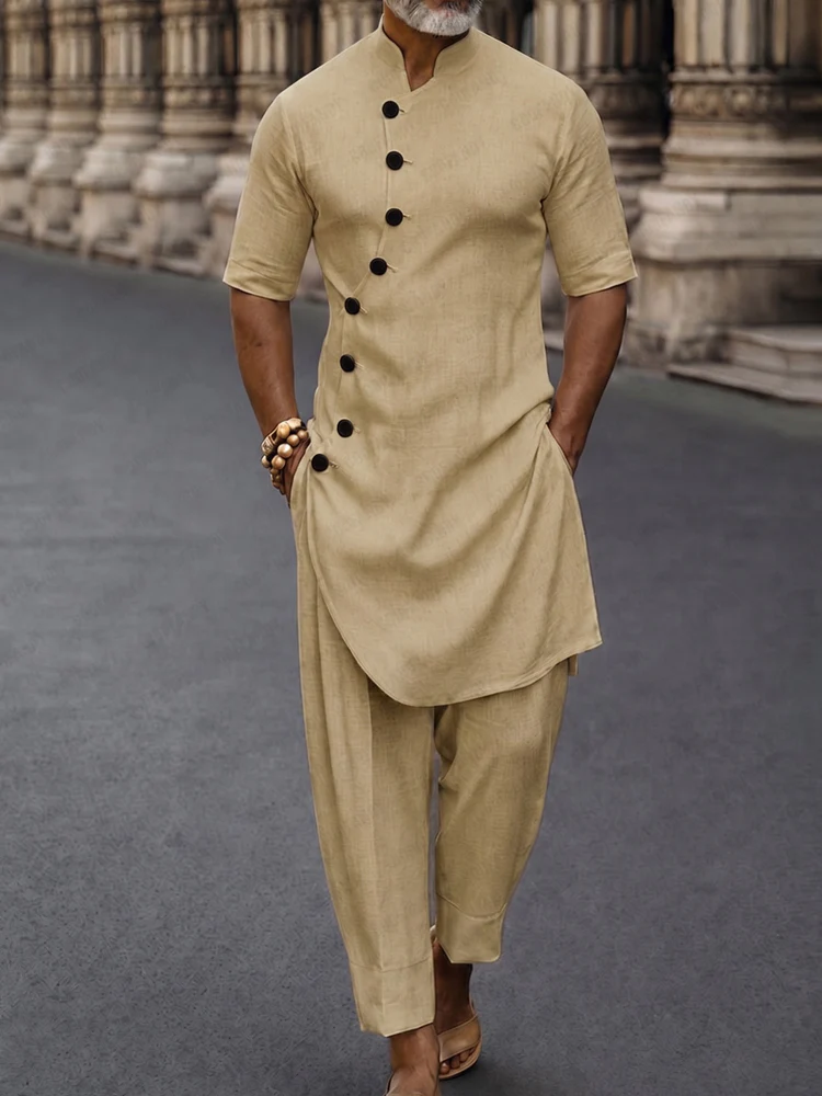 Premium Cotton Diagonal Placket Longline Top Pants Set - Image 2