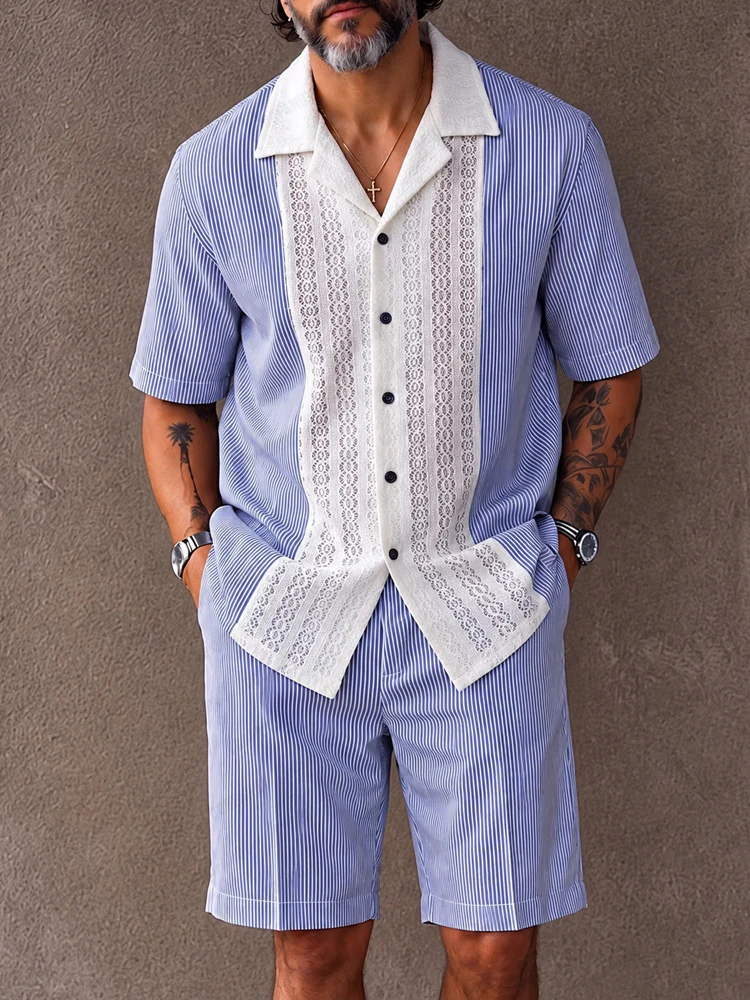 Resort Casual Lace Patchwork Striped Shirt Shorts Set