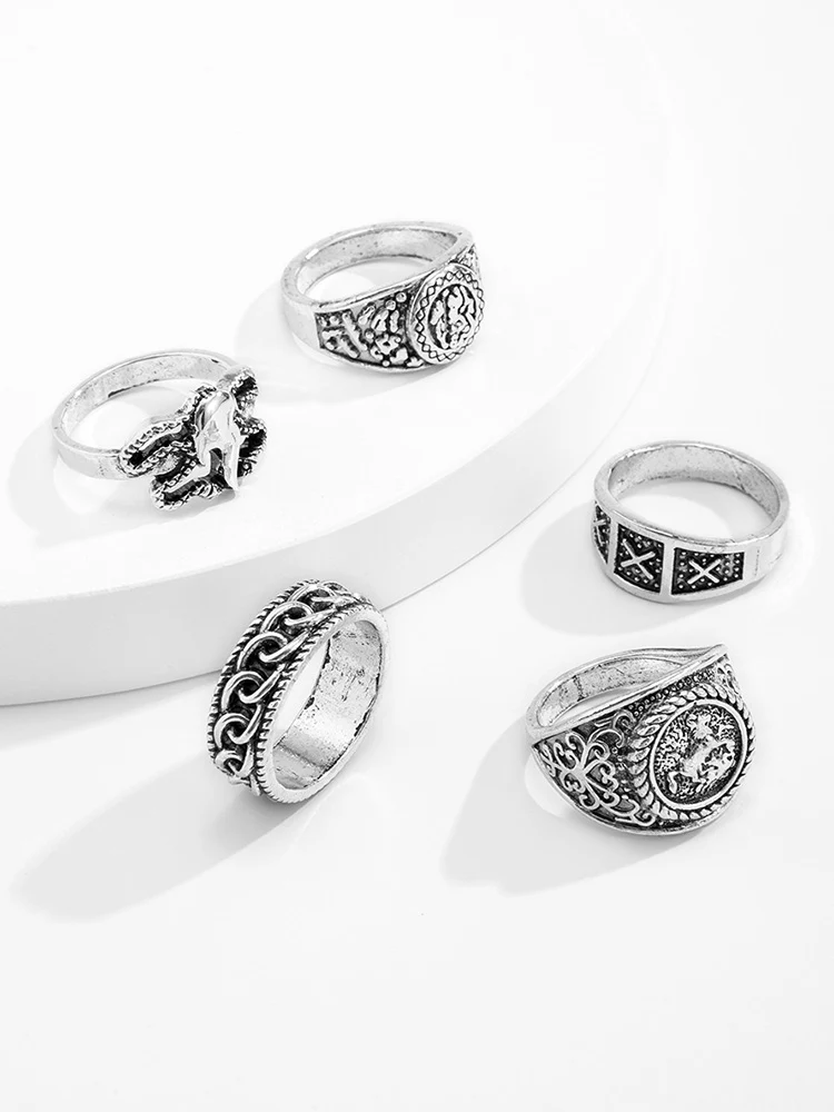 Retro Totem Design 5 Pcs Ring Set - Image 4