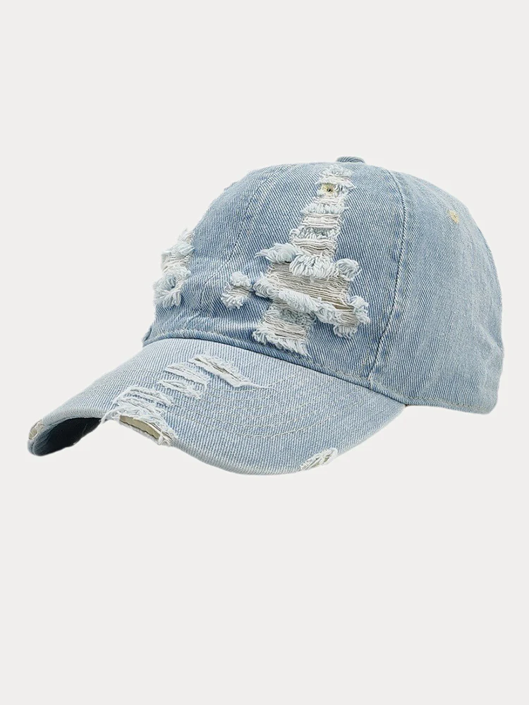 Ripped Distressed Denim Baseball Cap - Image 4
