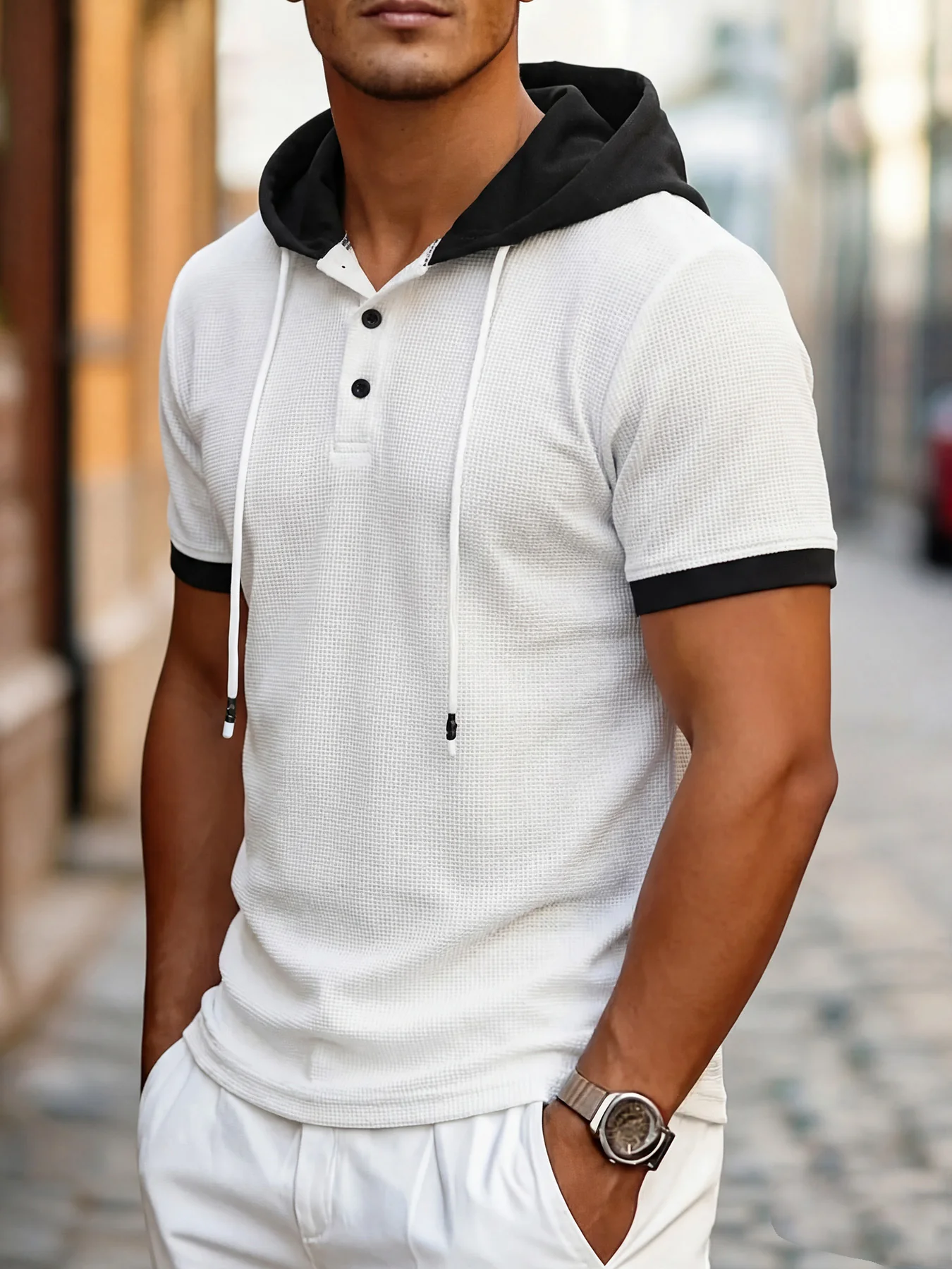 Short Sleeve Contrast Waffle Knit Casual Drawstring Tee - Image 2