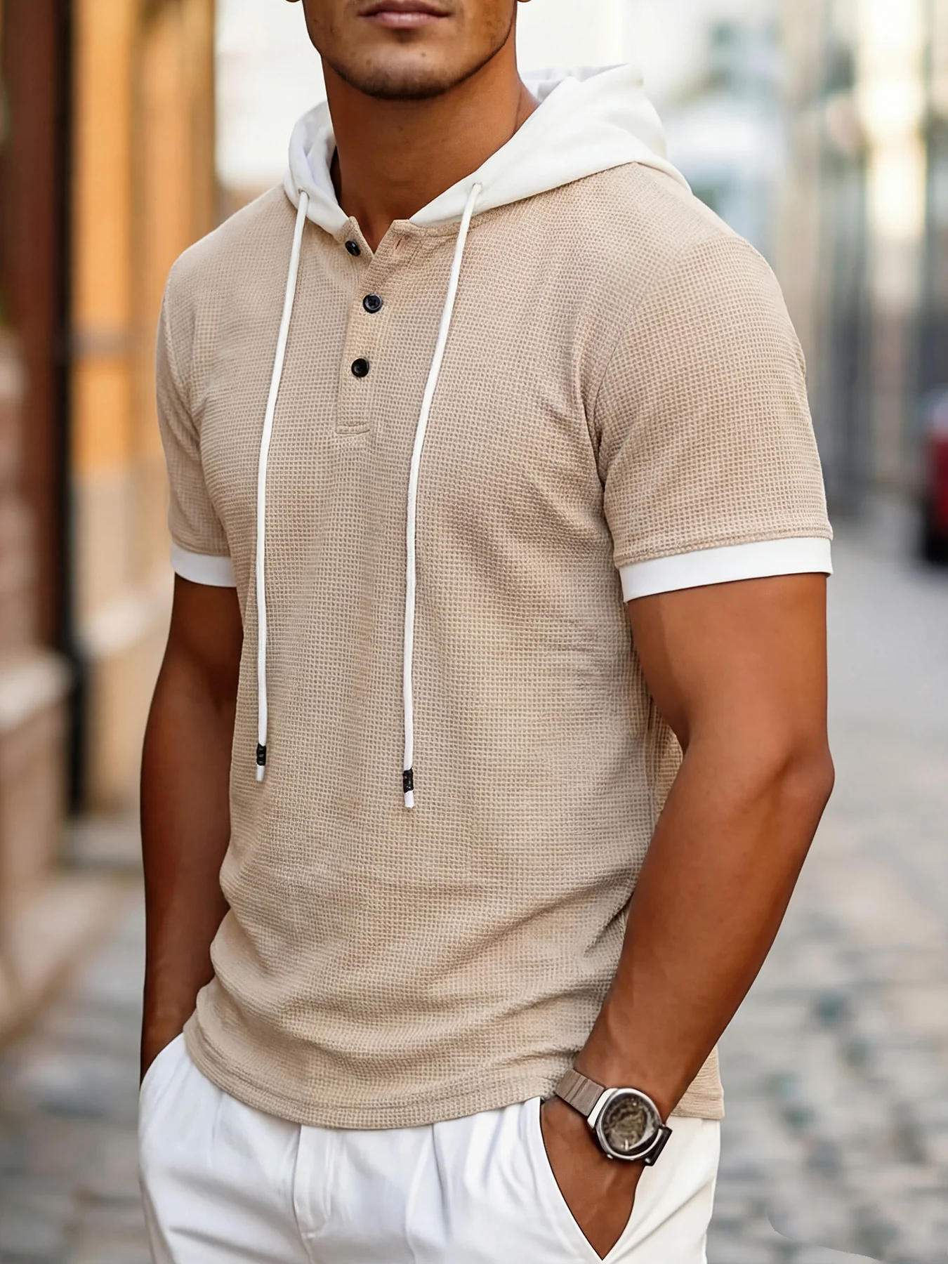 Short Sleeve Contrast Waffle Knit Casual Drawstring Tee - Image 3