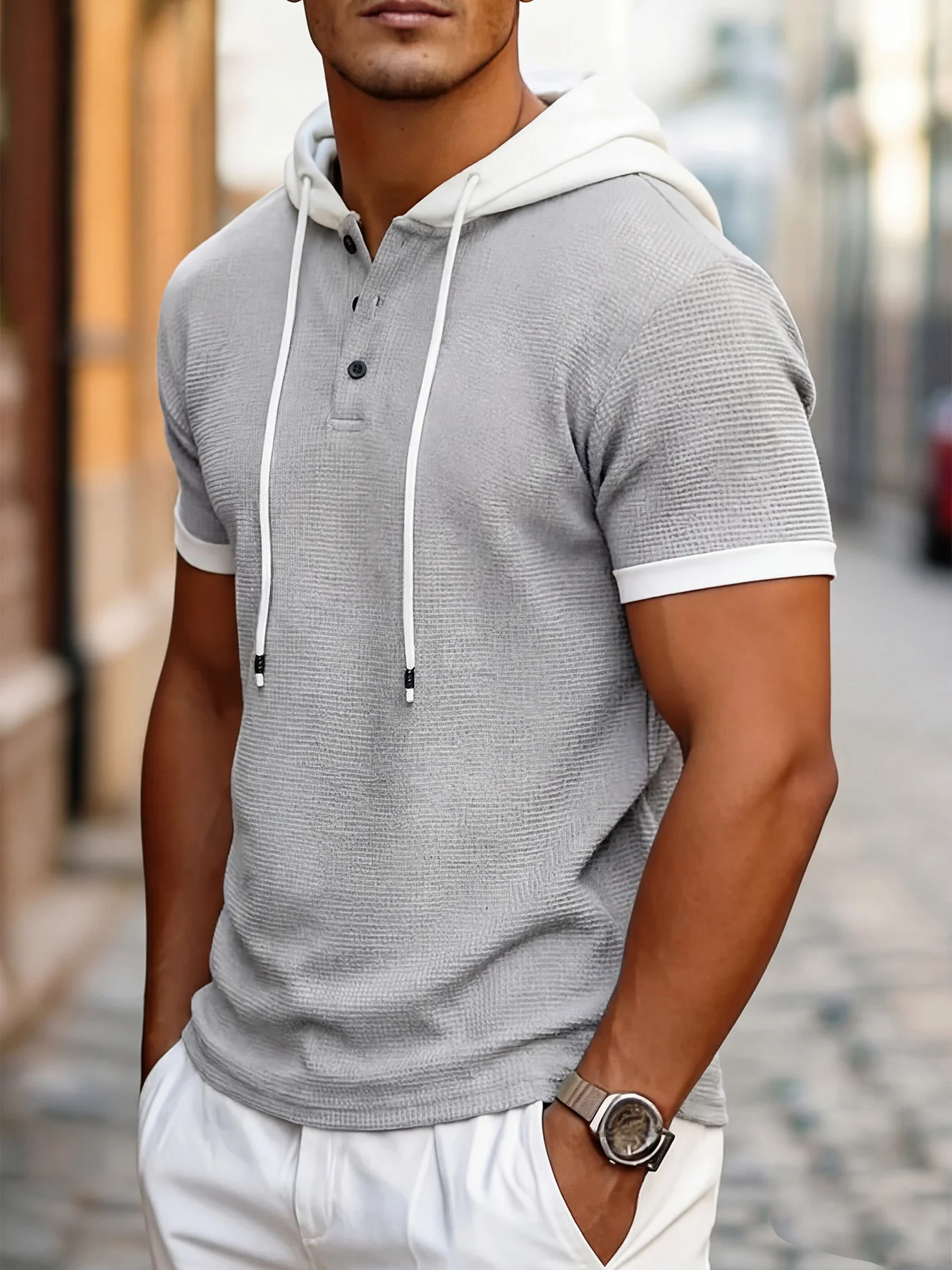 Short Sleeve Contrast Waffle Knit Casual Drawstring Tee - Image 4
