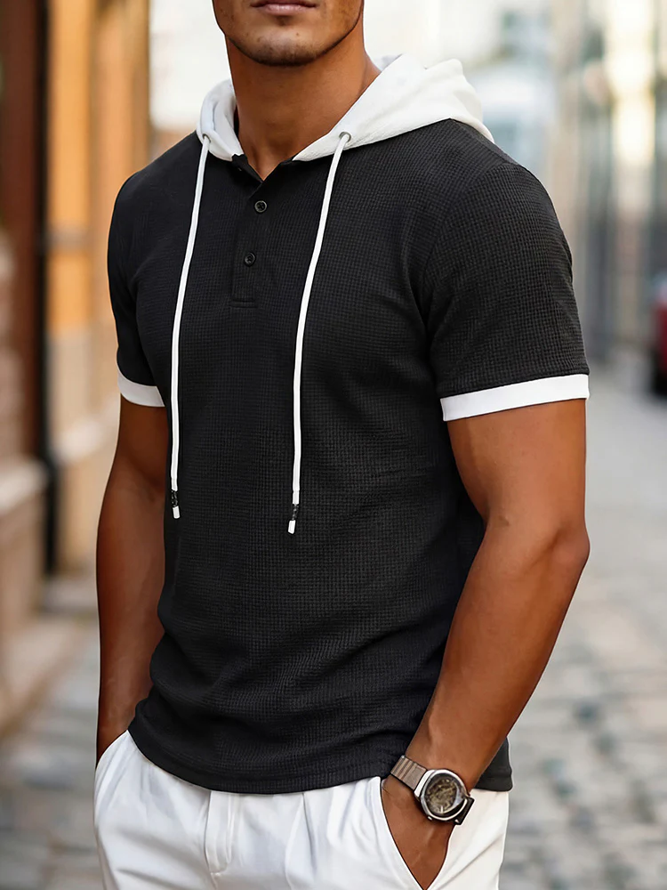 Short Sleeve Contrast Waffle Knit Casual Drawstring Tee - Image 5
