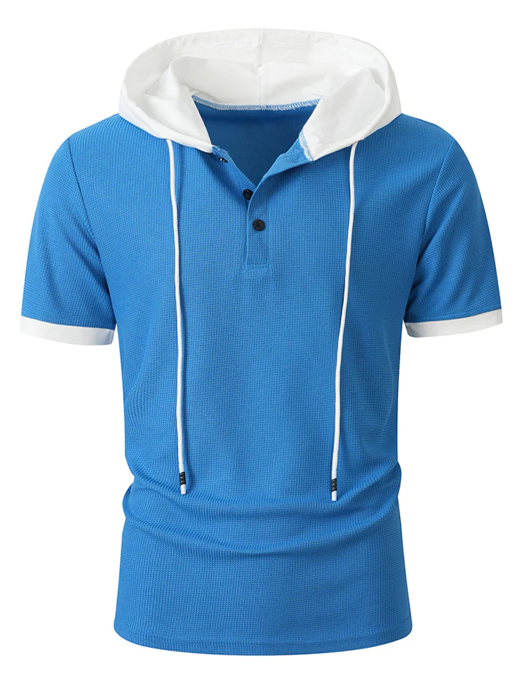 Short Sleeve Contrast Waffle Knit Casual Drawstring Tee - Image 6