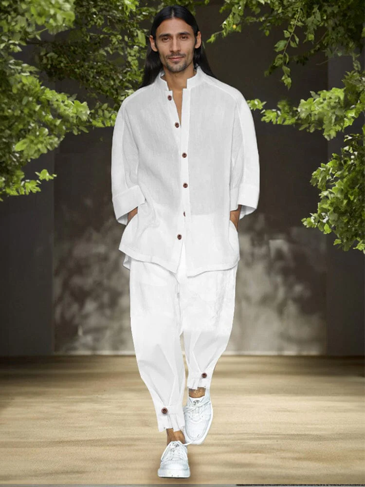 Simple 3/4 Sleeve Cotton Linen Shirt Set
