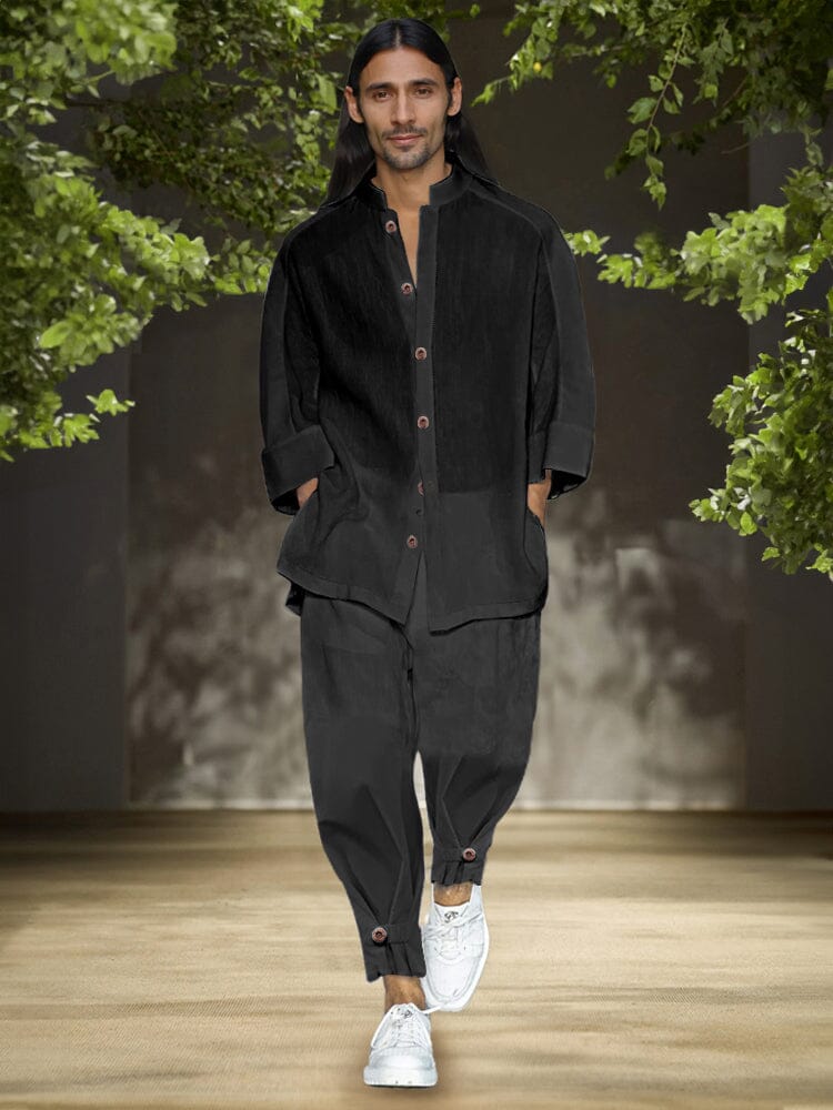 Simple 3/4 Sleeve Cotton Linen Shirt Set - Image 2