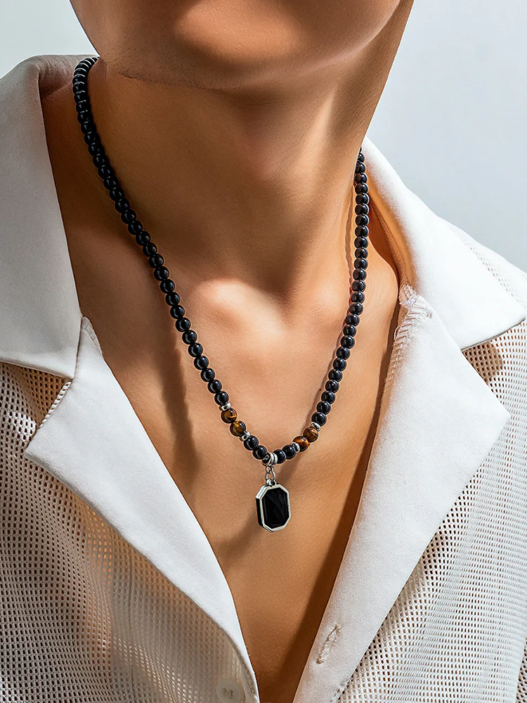 Simple Tiger Stone Beads Pendant Necklace - Image 2