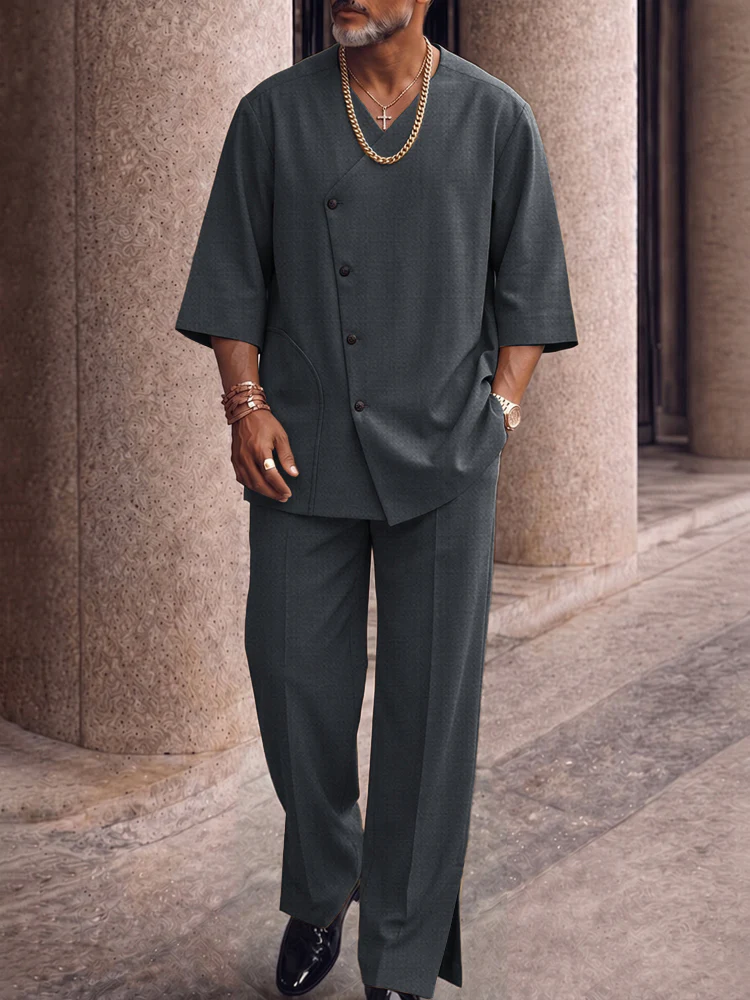 Smart Casual Button Down Shirt and Split Hem Pants Set - Image 2