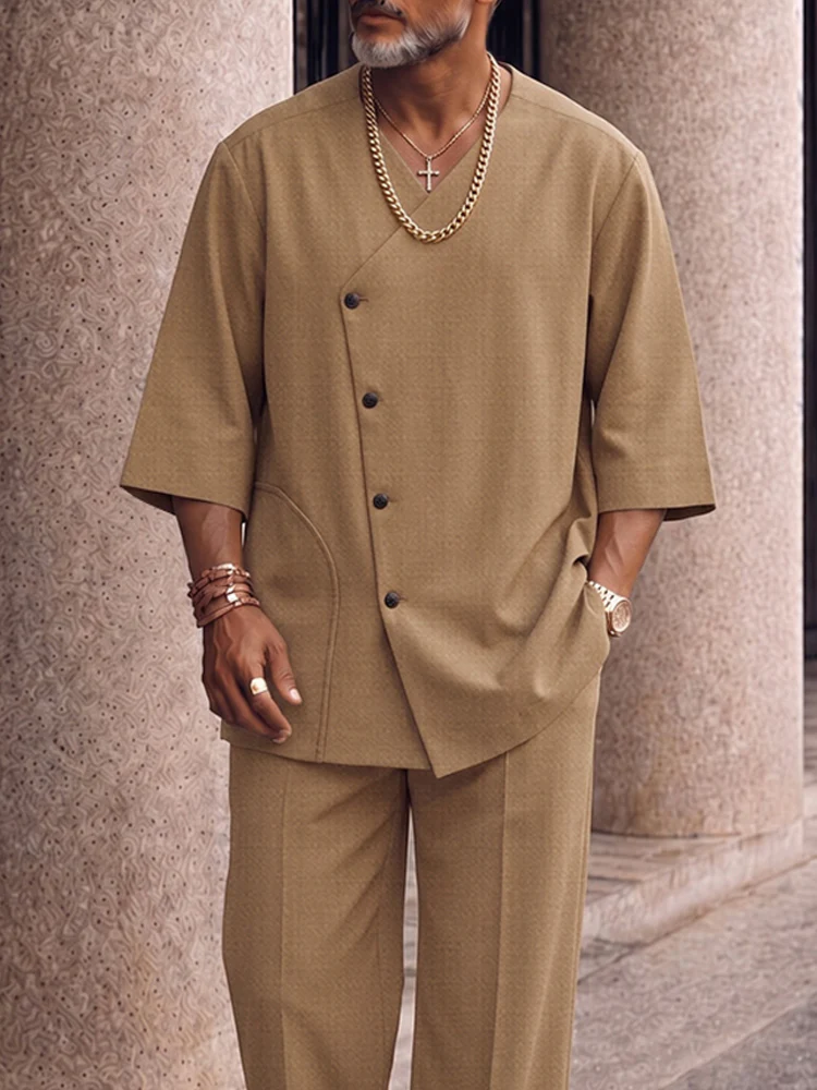 Smart Casual Button Down Shirt and Split Hem Pants Set - Image 3