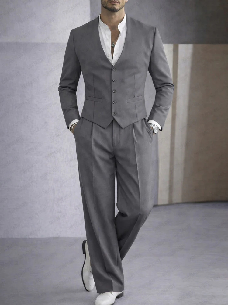 Smart Casual Collarless Blazer and Pants Set - Image 2