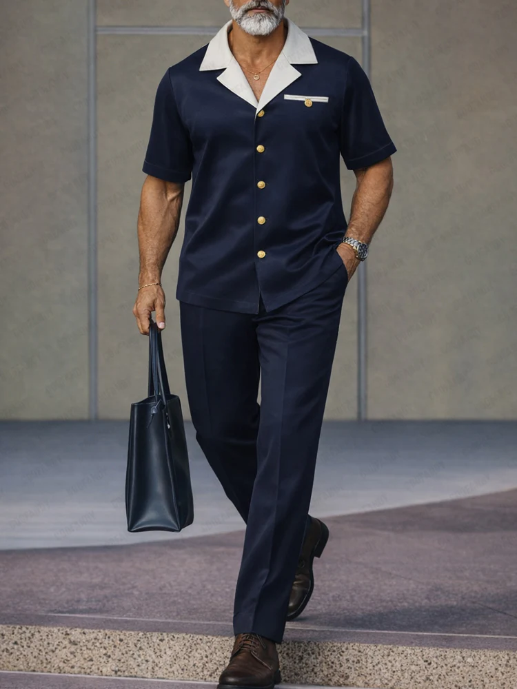 Smart Casual Contrast Collor Shirt Pants Set