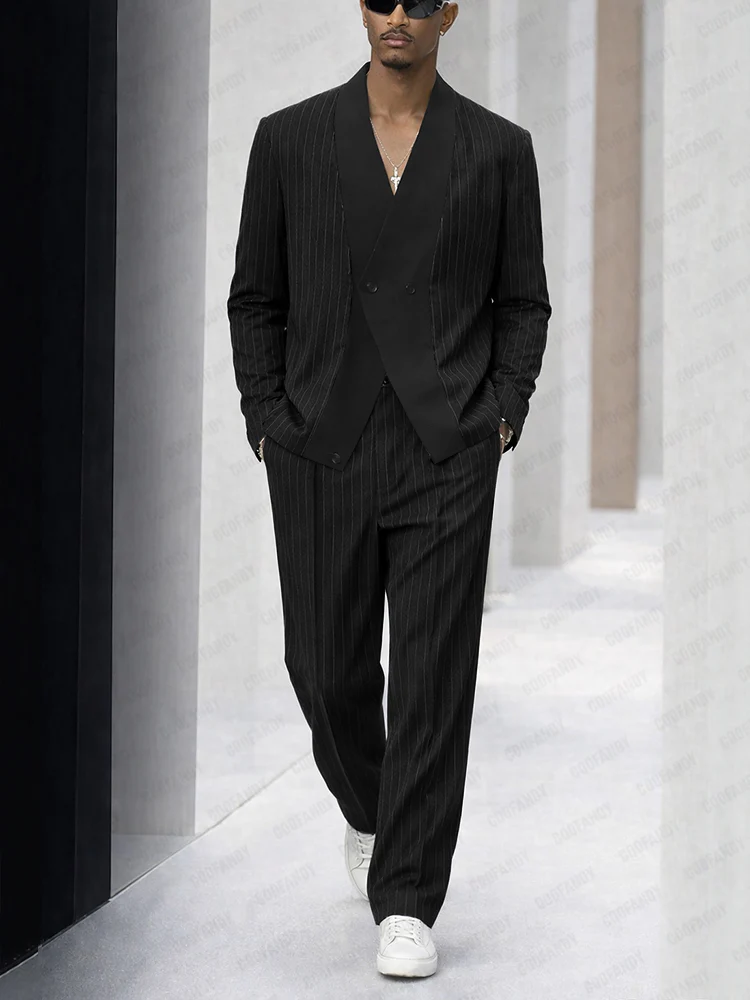 Smart Casual Stripe Splicing Jacket Pants Suit Set - Image 2