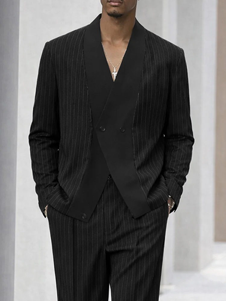Smart Casual Stripe Splicing Jacket Pants Suit Set - Image 3
