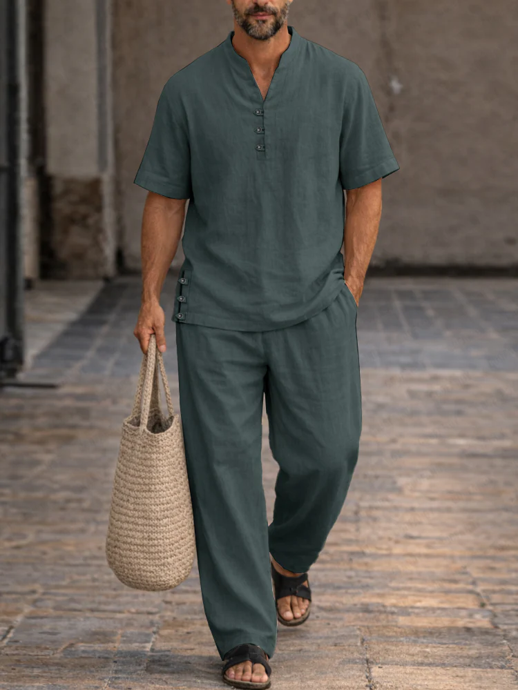 Soft Washed Cotton Henley Shirt Pants Set - Image 2