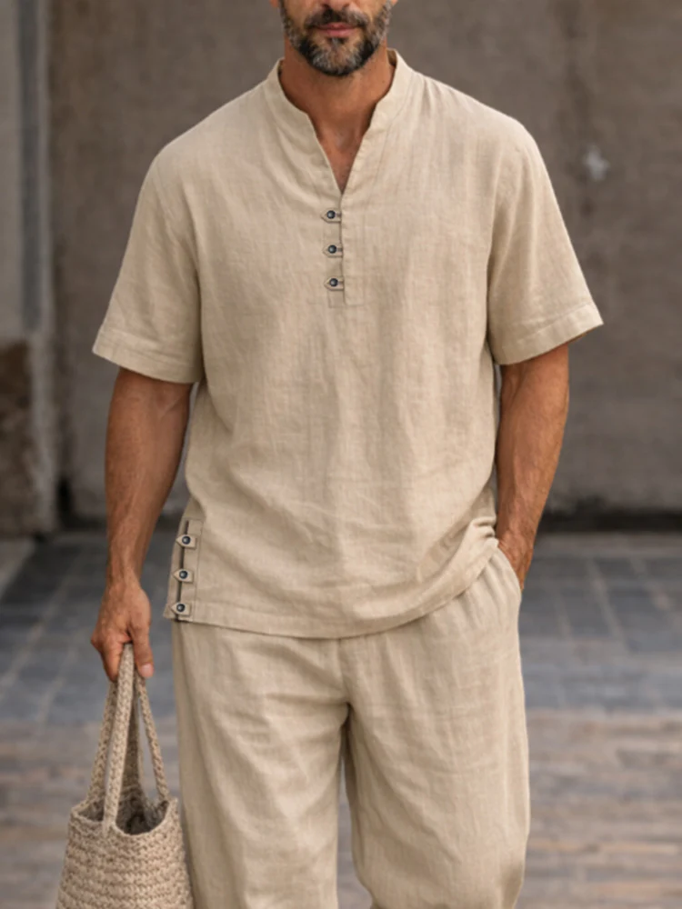 Soft Washed Cotton Henley Shirt Pants Set - Image 3