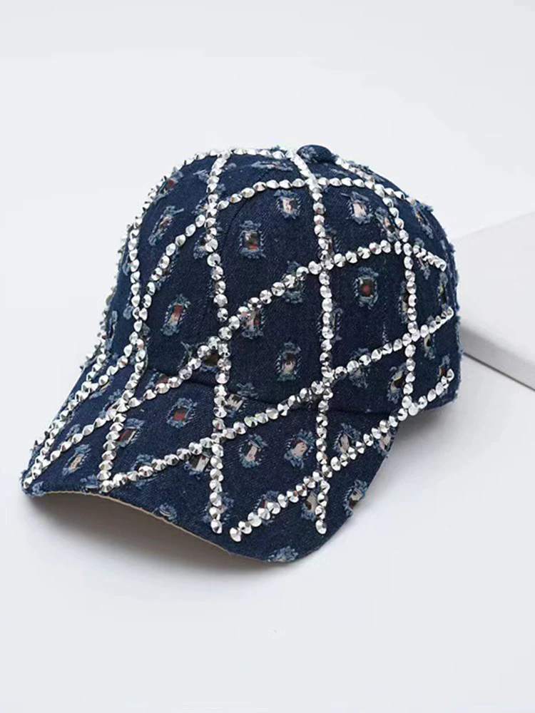 Sparkling Rhinestone Destroyed Torn Denim Cap - Image 2