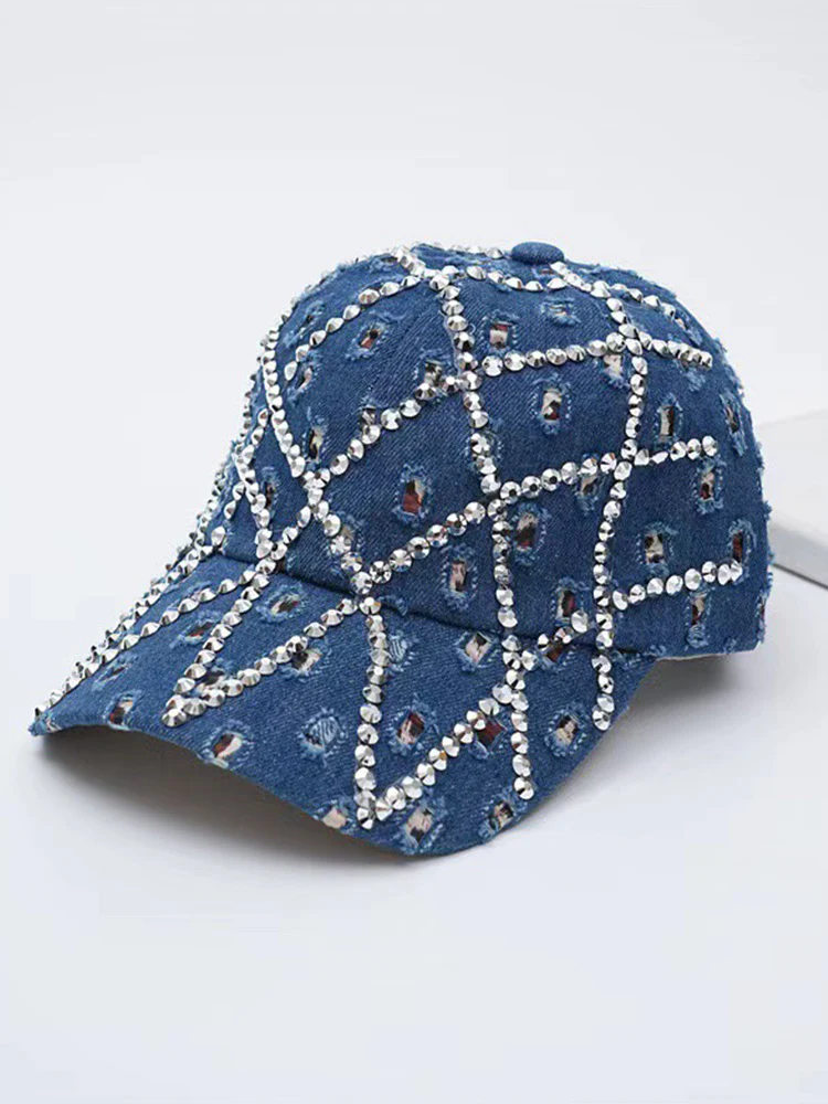 Sparkling Rhinestone Destroyed Torn Denim Cap - Image 3