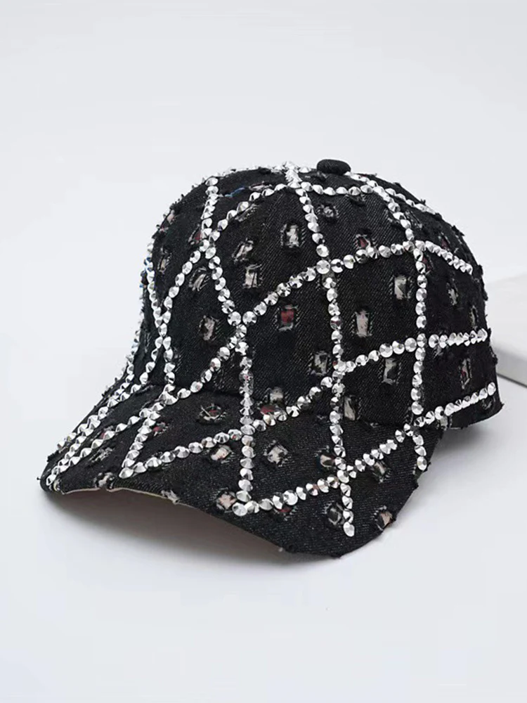 Sparkling Rhinestone Destroyed Torn Denim Cap - Image 4