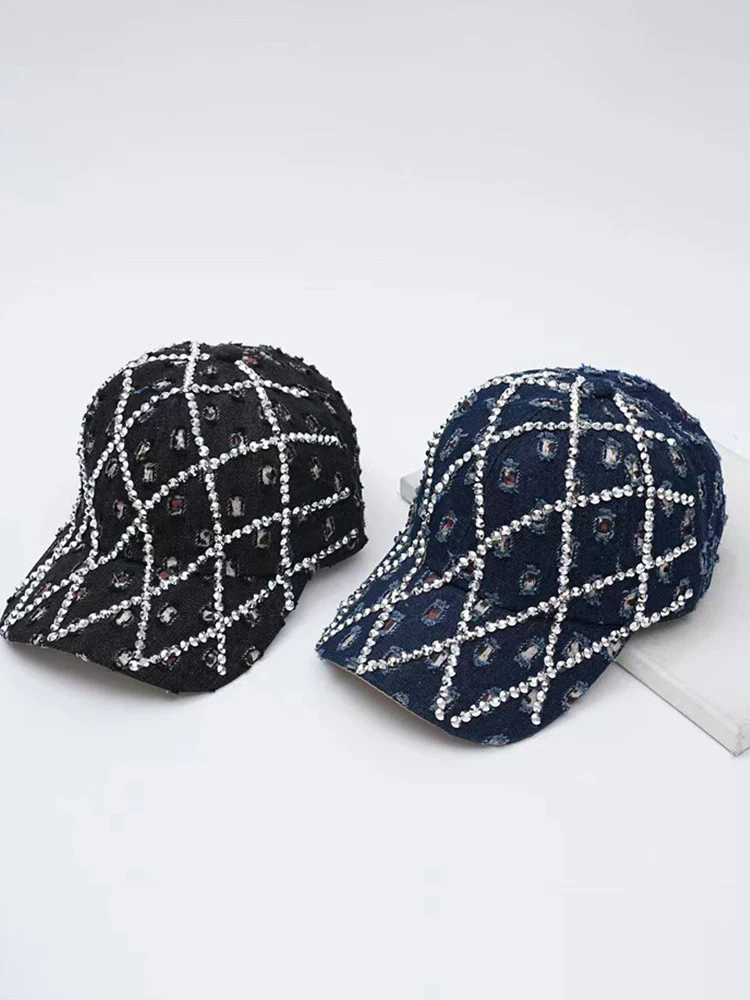 Sparkling Rhinestone Destroyed Torn Denim Cap - Image 7