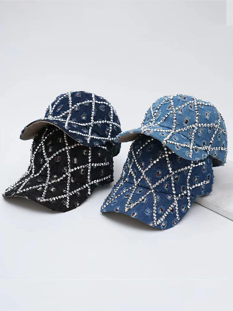 Sparkling Rhinestone Destroyed Torn Denim Cap - Image 8