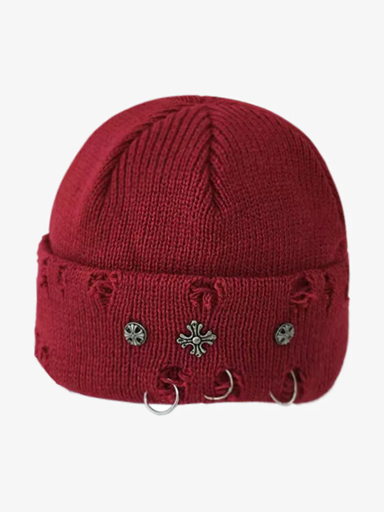 Street Retro Cross Ring Knit Beanie - Image 4