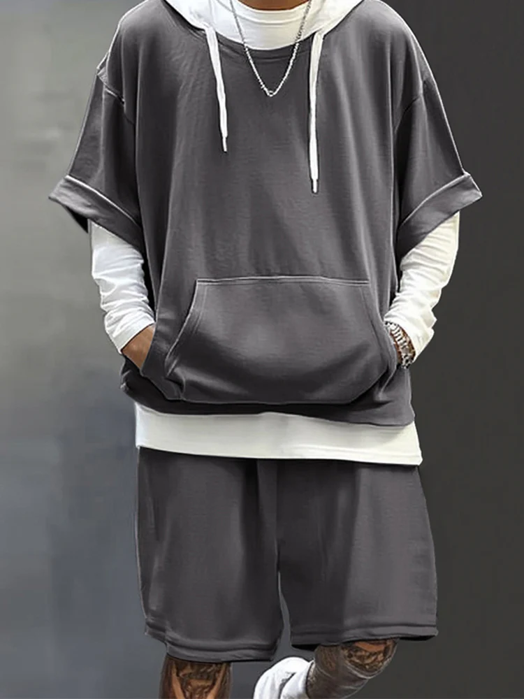 Street Style Cotton Hoodie Shorts Set - Image 4